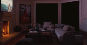 Stylish living room featuring Hunter Douglas room darkening roller shades.