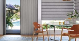 Dining room with smart window treatments powered by powerview hunter douglas