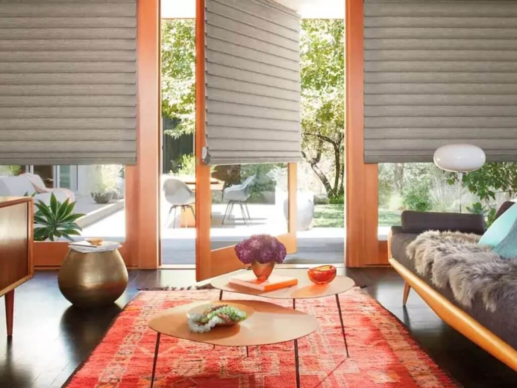Hunter Douglas Roman Shades in Large Living Room Doors