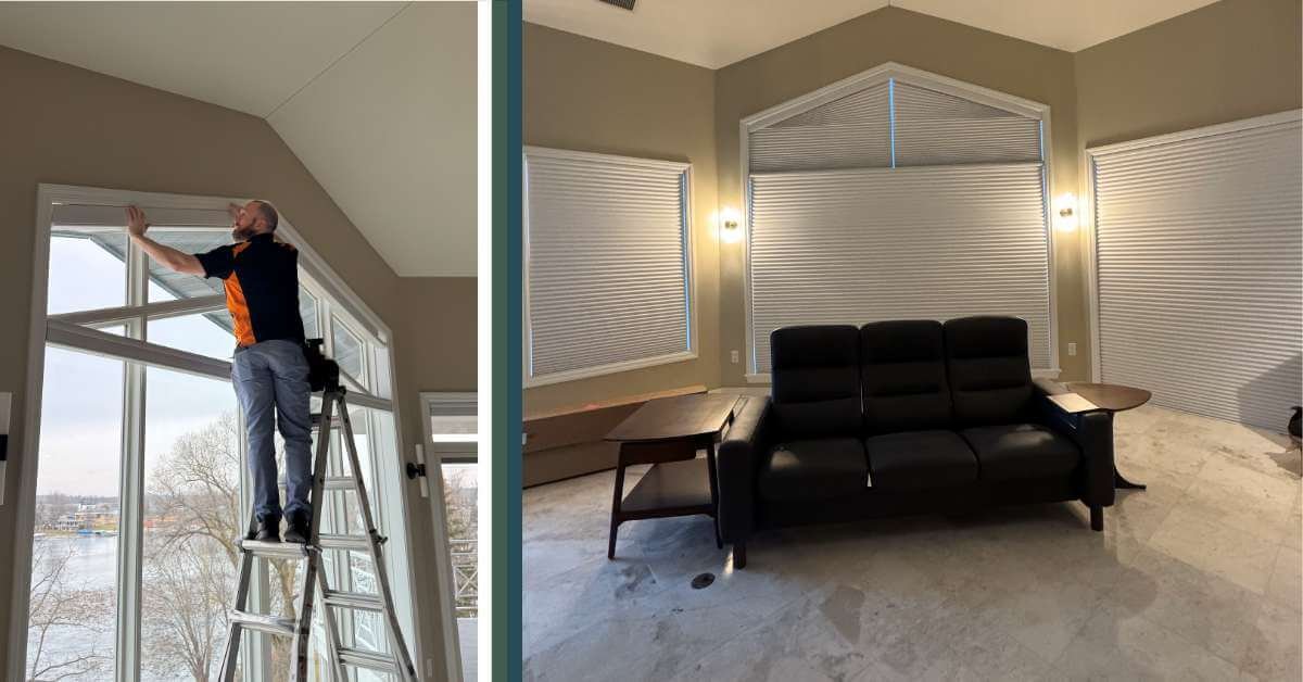 We installed Hunter Douglas Duette® Architella® 1¼” Daisy White Room Darkening Shades, powered by PowerView® Automation.