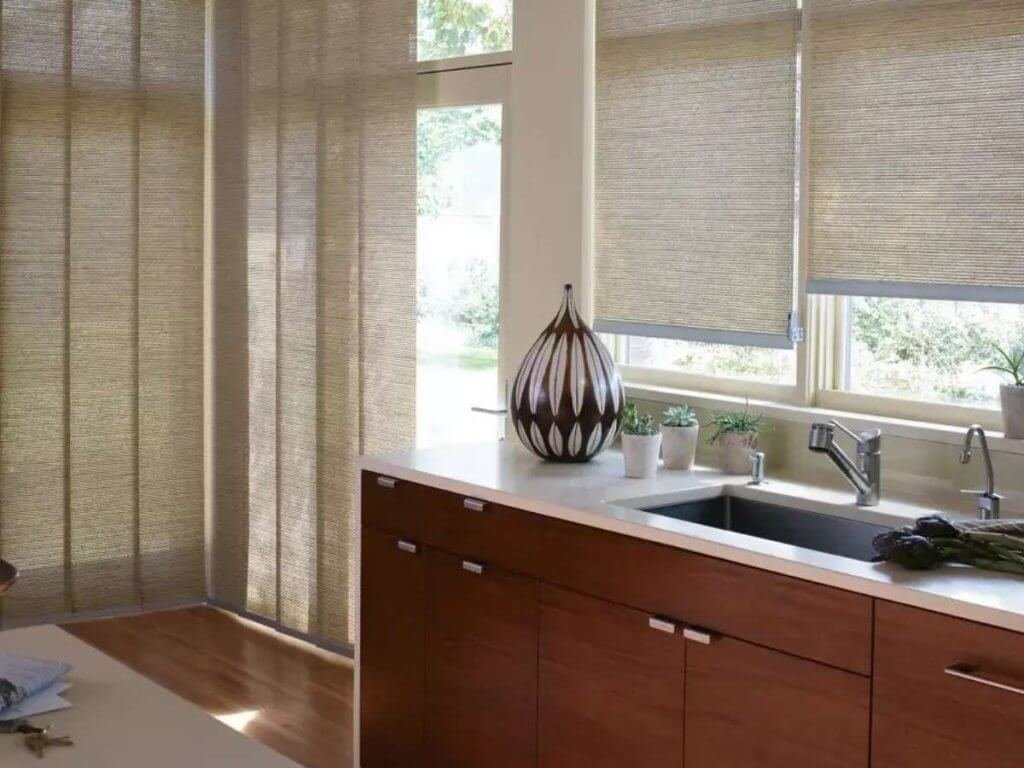 woven wood shades on a sliding door