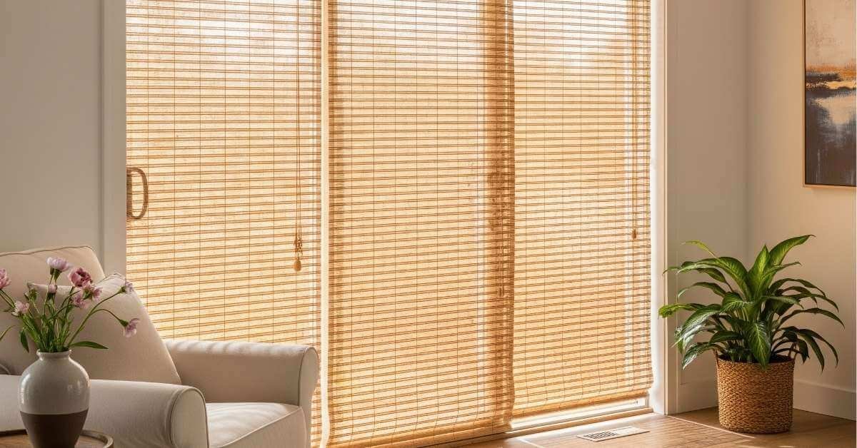 woven shades on sliding doors in a living room